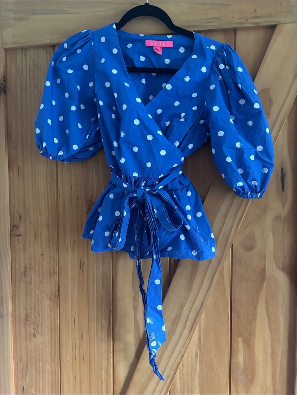 Lilly Pulitzer Blue Polka Dot Wrap Top with Puff Sleeves